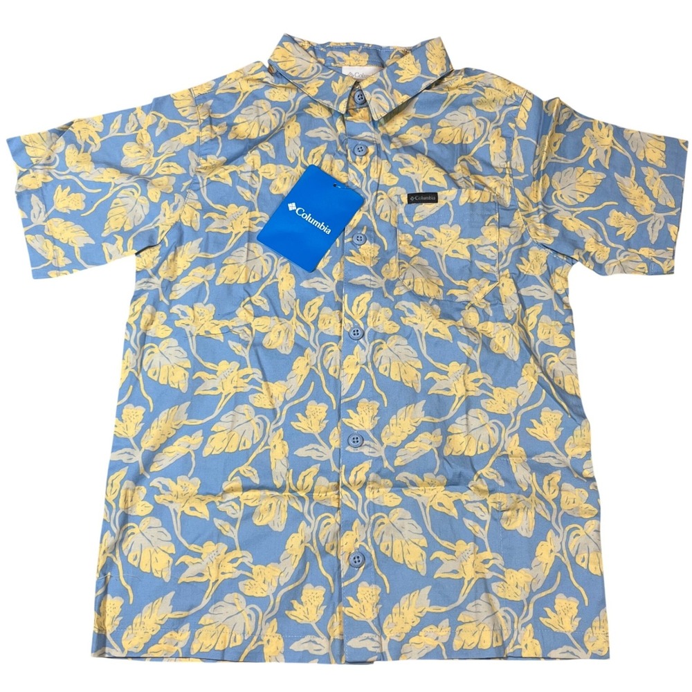 Columbia Kids Rapid Rivers Short Sleeve Shirt Blue Yellow Floral Inside Pocket